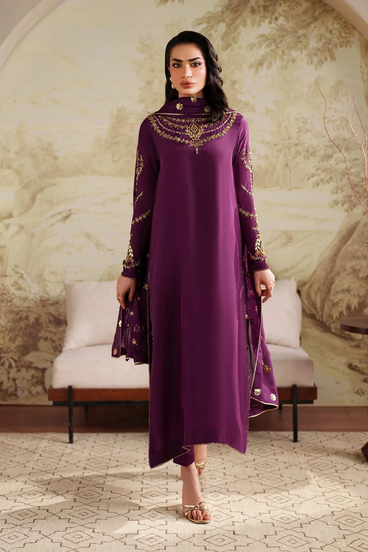 Elegant Hand Embellished Raw Silk Pakistani Designer Dress 7