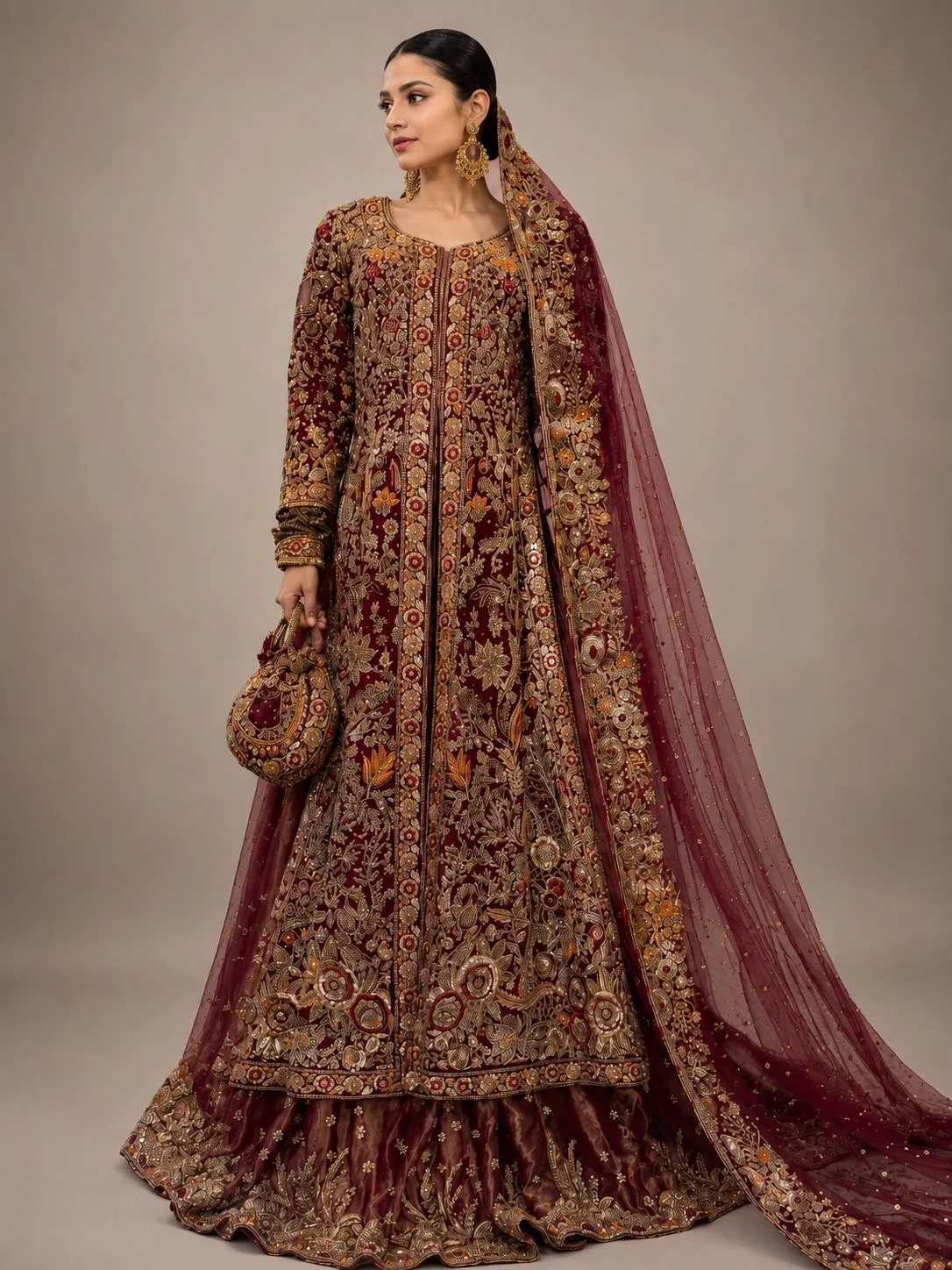 Royal Maroon Handcrafted Bridal Gown with 200+ Flare Tissue Lehenga